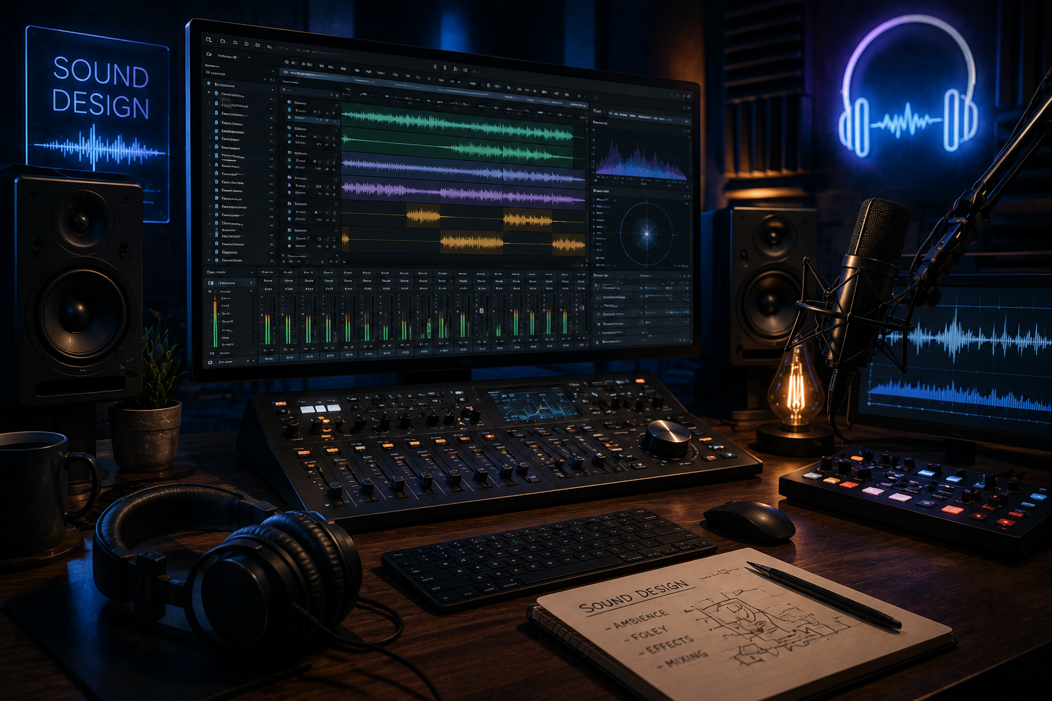 Sound mixing desk workspace console